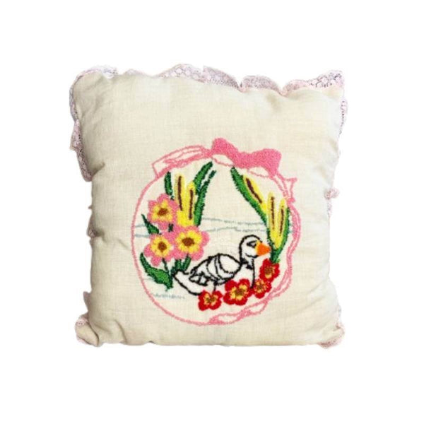 Decorative pillow with embroidered design of a duck and flowers on a white background - home decor - kreassions.com