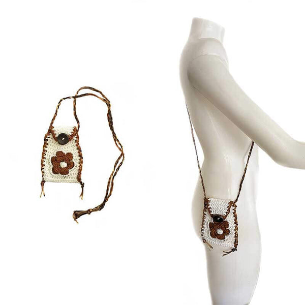 Women Phone Purse With Strap - White Brown crochet - kreassions.com