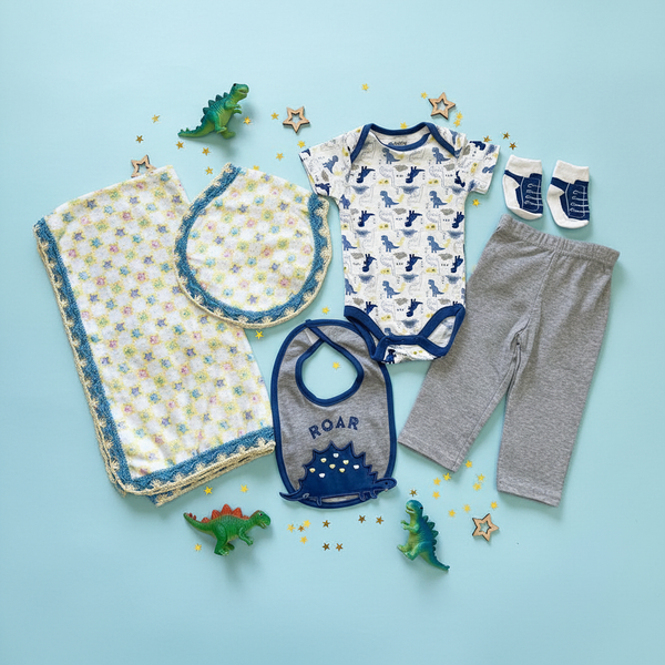 Baby Boy Blanket Blue Stars Dinosaur Gift Set - newborn baby gifts -kreassions.com
