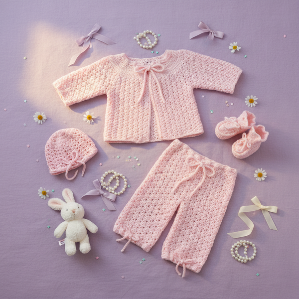 Baby Pink Crochet Layette -Baby Layette Outfit Gift Set - kreassions.com