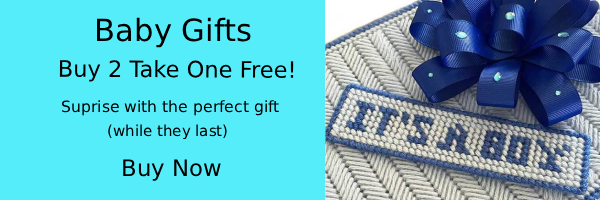 Promotional banner for baby gifts with a blue ribbon and 'It's a boy' message.