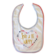 Baby bib with 'Love & Be Happy' text and arrows - kreassions.com
