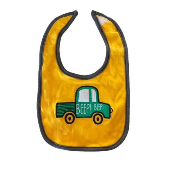 Yellow bib with green truck design and 'BEEPI BEEPI' text - kreassions.com