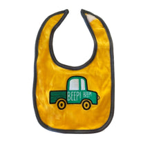 Yellow bib with green truck design and 'BEEPI BEEPI' text - kreassions.com