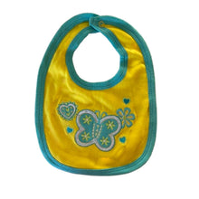 Yellow baby bib with turquoise blue trim and butterfly design - kreassions.com