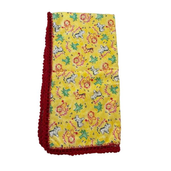 baby blanket flannel with africa animals patterns with crocheted red thread edge - kreassions.com