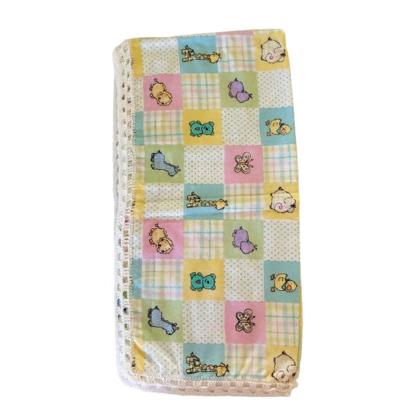Baby blanket flannel with cartoon animal patterns and crocheted edges - kreassions.com