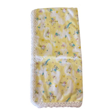 Yellow baby blanket with stork design with crocheted edges - kreassions.com