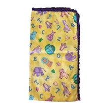 Yellow blanket with animal and alphabet pattern and crochet violet purple edge - kreassions.com