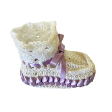 Crocheted baby bootie side with weaved purple violet ribbon details - kreassions.com
