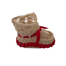 crochet baby booties side with red ribbons - kreassions.com