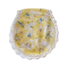 baby burp cloth in Yellow flannel fabric with stork pattern and crocheted edges - kreassions.com