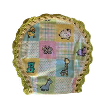 Baby gases burp cloth with cartoon characters and green crocheted edge - kreassions.com