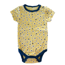 Yellow baby onesie bee and flowers with navy blue, yellow and white pattern - kreassions.com