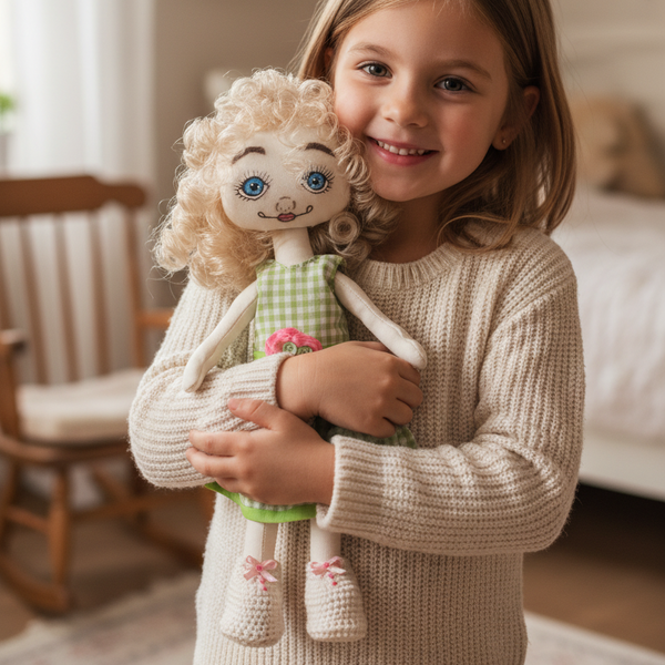 Rag Doll Cloth Girl Blonde blue eyes green dress - handmade dolls -  kreassions.com