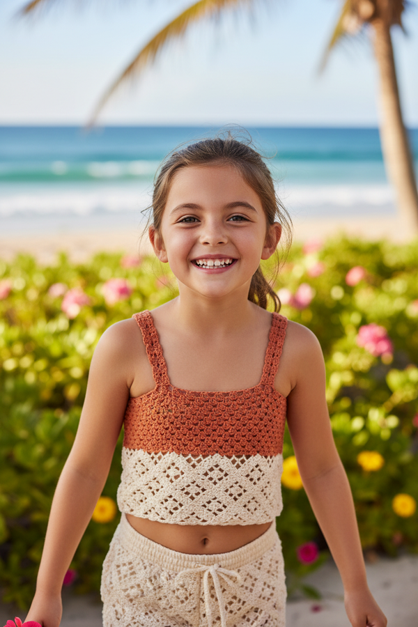 Girl Blouse Diamond Orange Cream Crochet - girls clothing - kreassions.com 