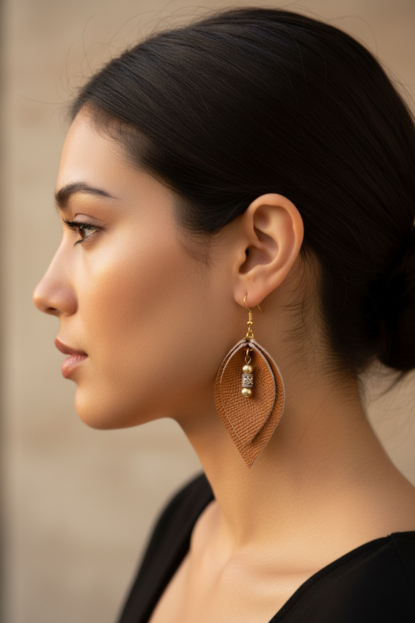 Leather-earring-brown-double-drop-leather goods-kreassions.com