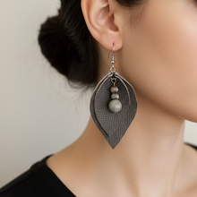 Leather-earring-gray-double-drop-leather goods-kreassions.com