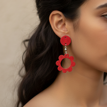 Leather-earring-red-flower-round-leather goods-kreassions.com
