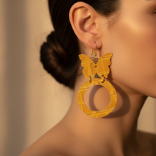 Leather-earring-yellow-butterflies-round-leather goods-kreassions.com