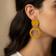 Leather-earring-yellow-double-round-leather goods-kreassions.com