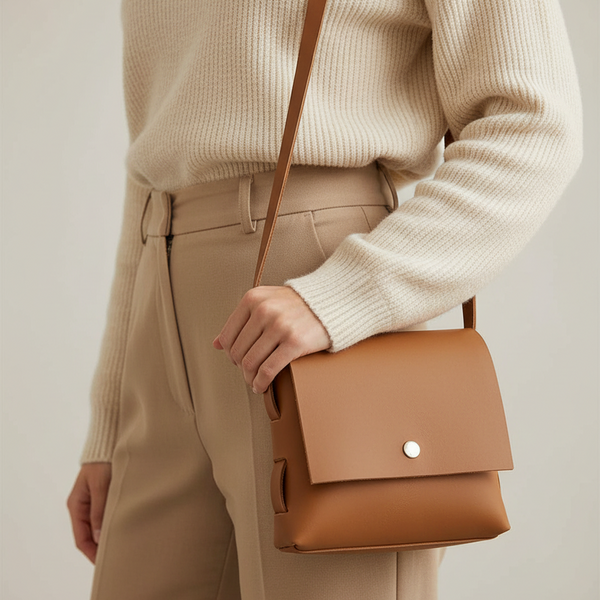 Leather Woman Purse Light Brown Cross Long Cord - kreassions.com 