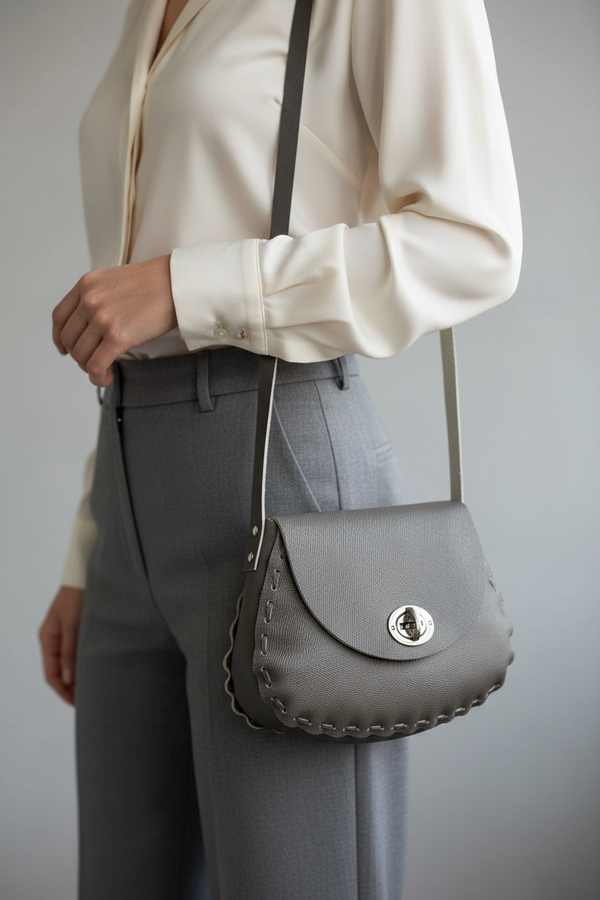 Leather Woman Handbag Gray Cross Long Cord - kreassions.com 