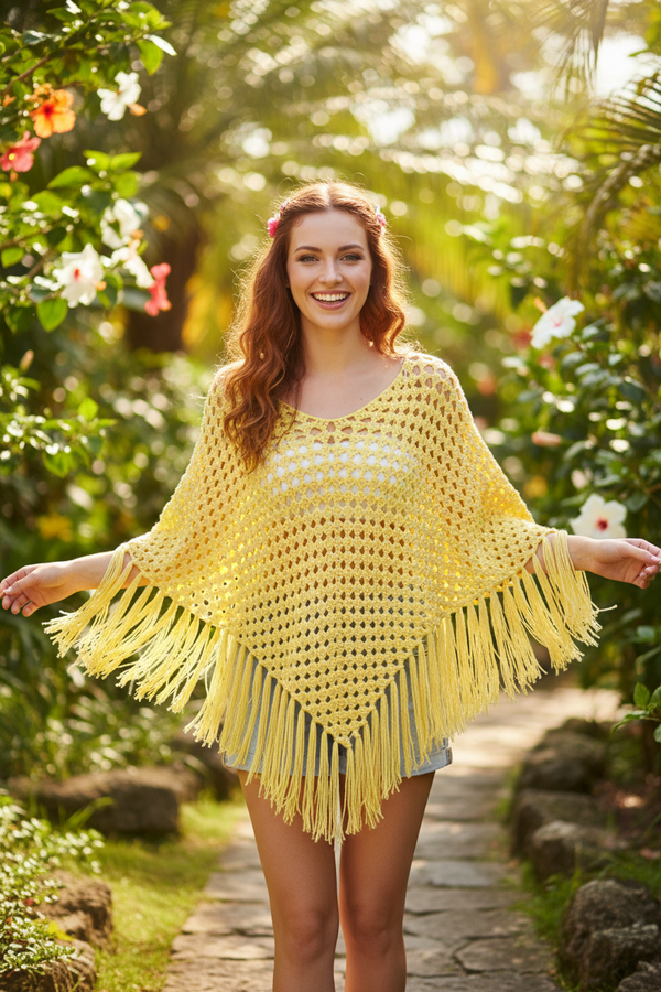 Women Poncho Yellow Crochet - shawls and ponchos - kreassions.com